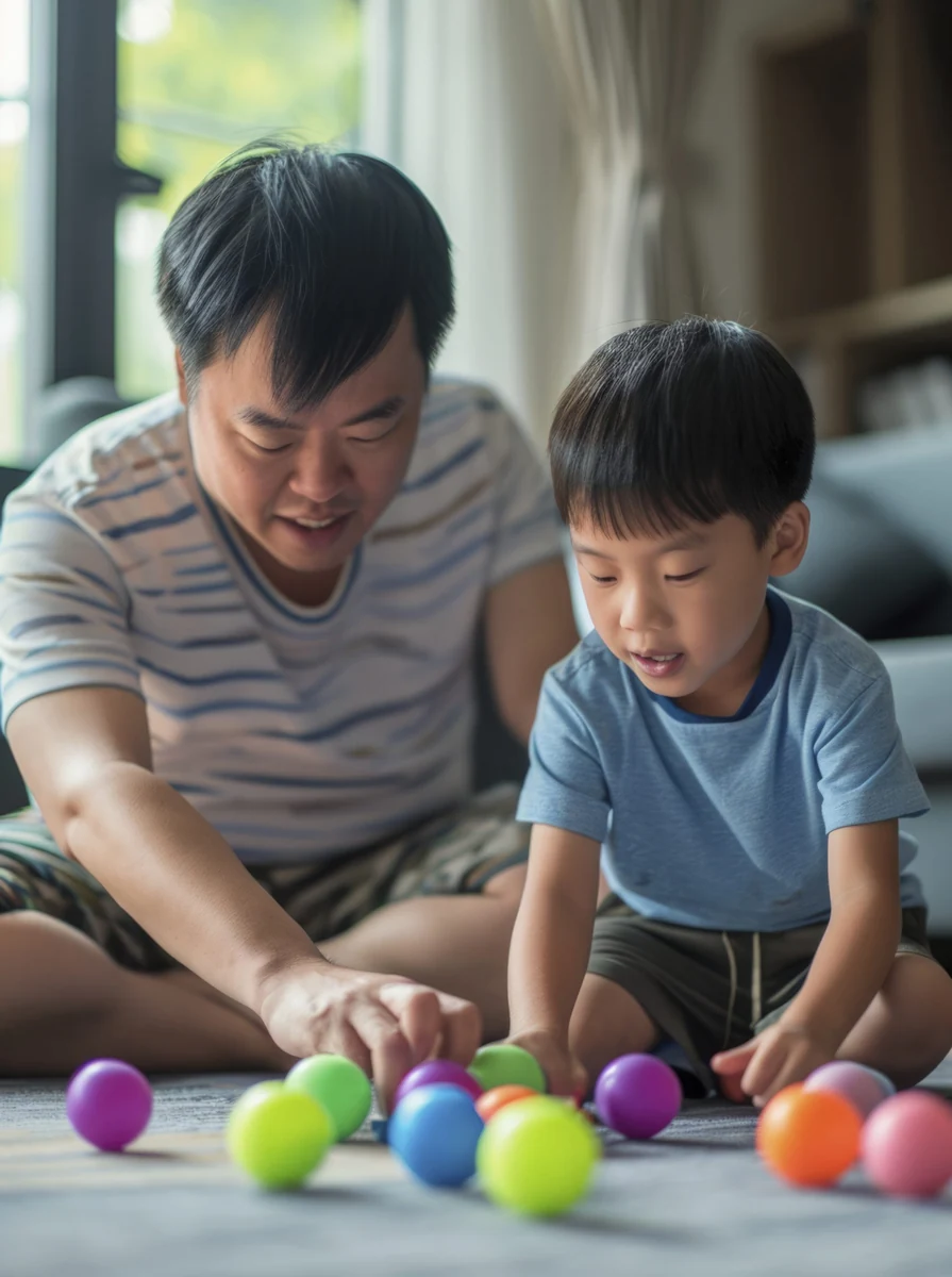Adult and child playing with colourful balls
