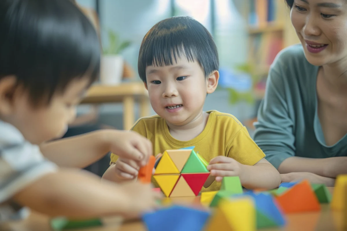 Children exploring colourful geometric blocks with an adult