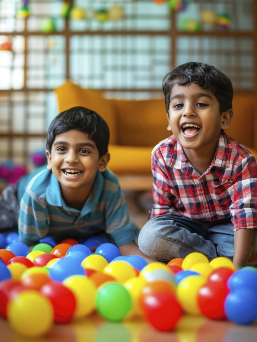 Two children playing together in a colourful ball pit